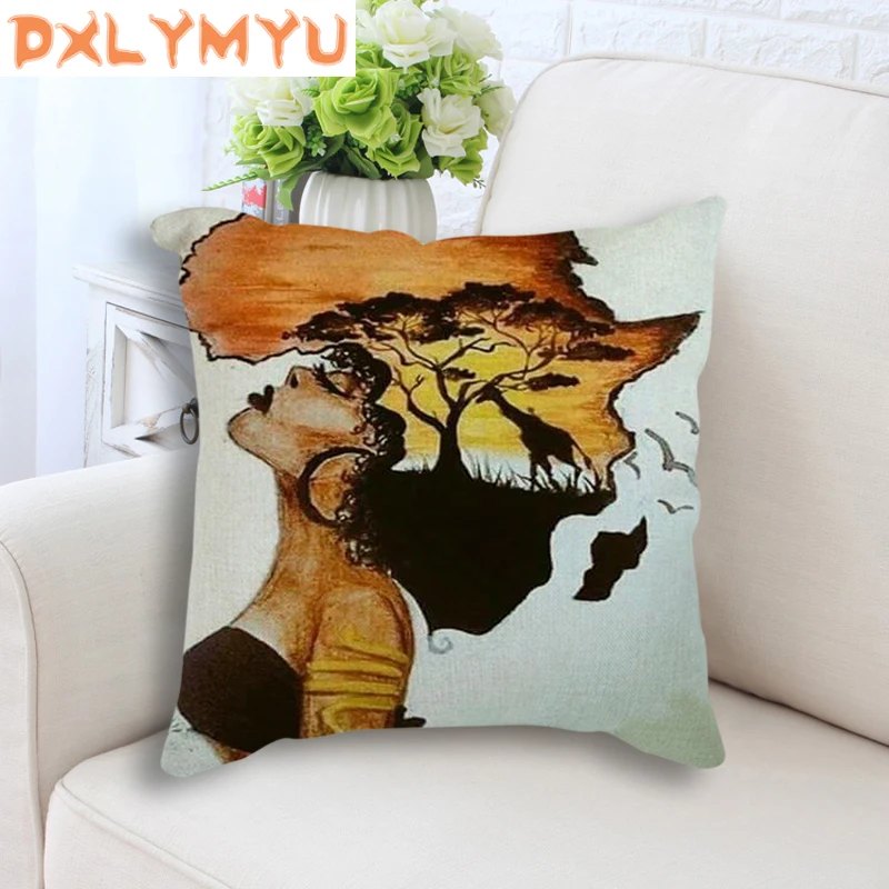 

African Girl Oil Painting Decorative Pillow Cushion Black Ladies Home Art Decor Sofa Pillowcase Linen Cushion Cover