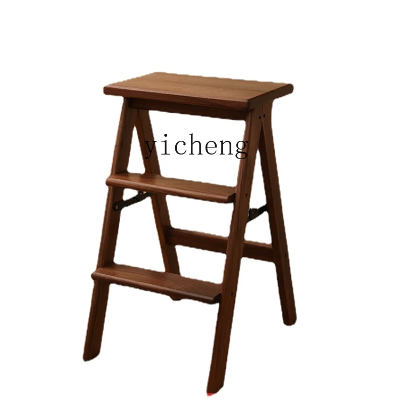 

XL Black Walnut Step Stool Three-Step Folding High Stool Simple Solid Wood Climbing Stool