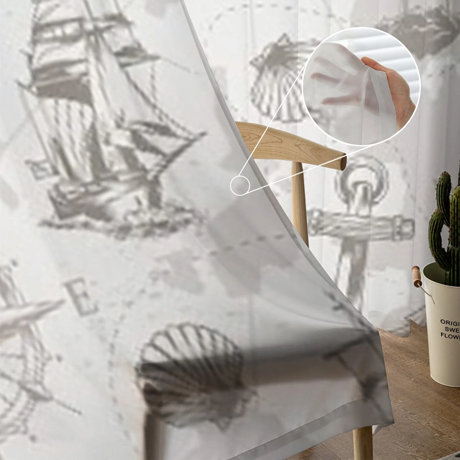 Винтажные прозрачные Занавески с морским кораблем морскими колокольчиками