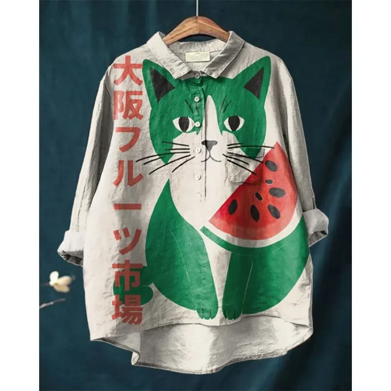 Повседневная льняная рубашка в японском стиле с изображением милого зеленого