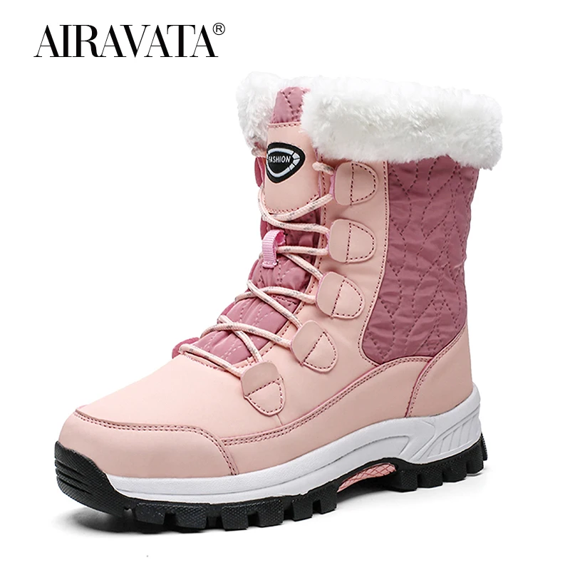 Women Snow Boots Winter Sneakers Famale Chunky Sneakers Ankle Warm Plush Anti Slip Lace-up Walking Shoes