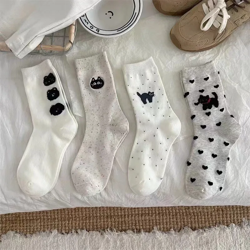 Женские носки Kawaii с рисунком кота милые средней длины Harajuku теплые осенне-зимние