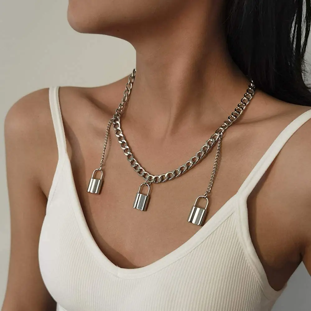 

Exquisite Silver Simple Layered Chain Lock Pendant Multilayer Adjustable Layered Chain Silver Plated Punk Necklace