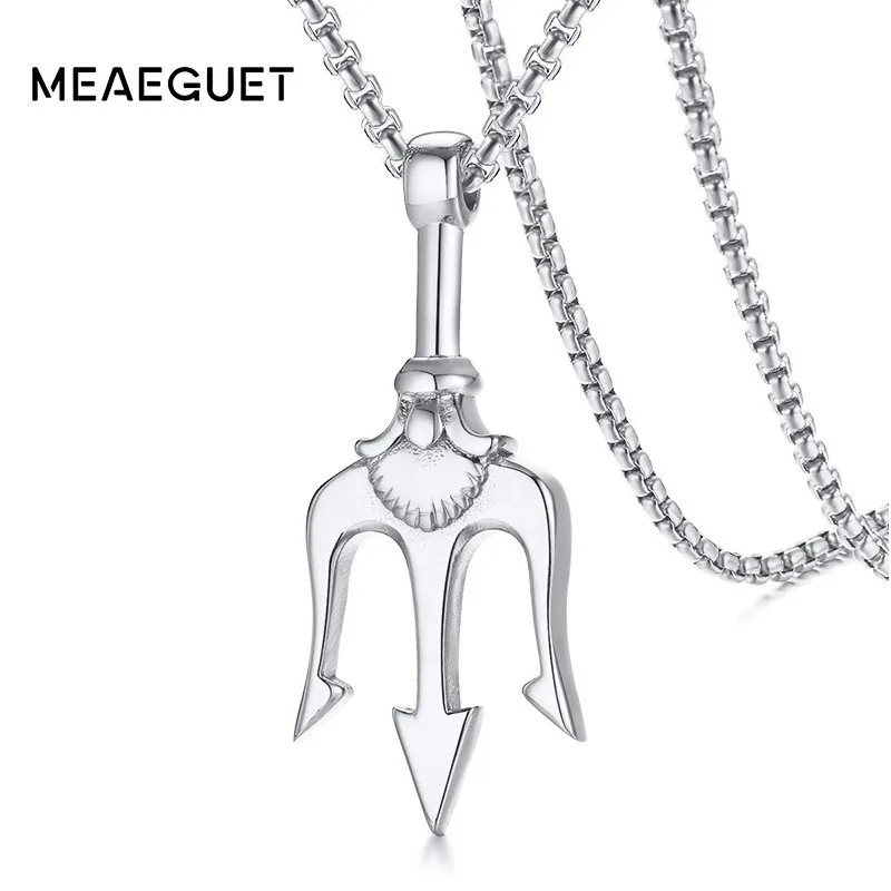 

Punk Poseidon Trident Necklace Men Pendant Stainles Steel Pirate Fantasy Amulet Sailor's Amulet Jewelry 24inch Chain