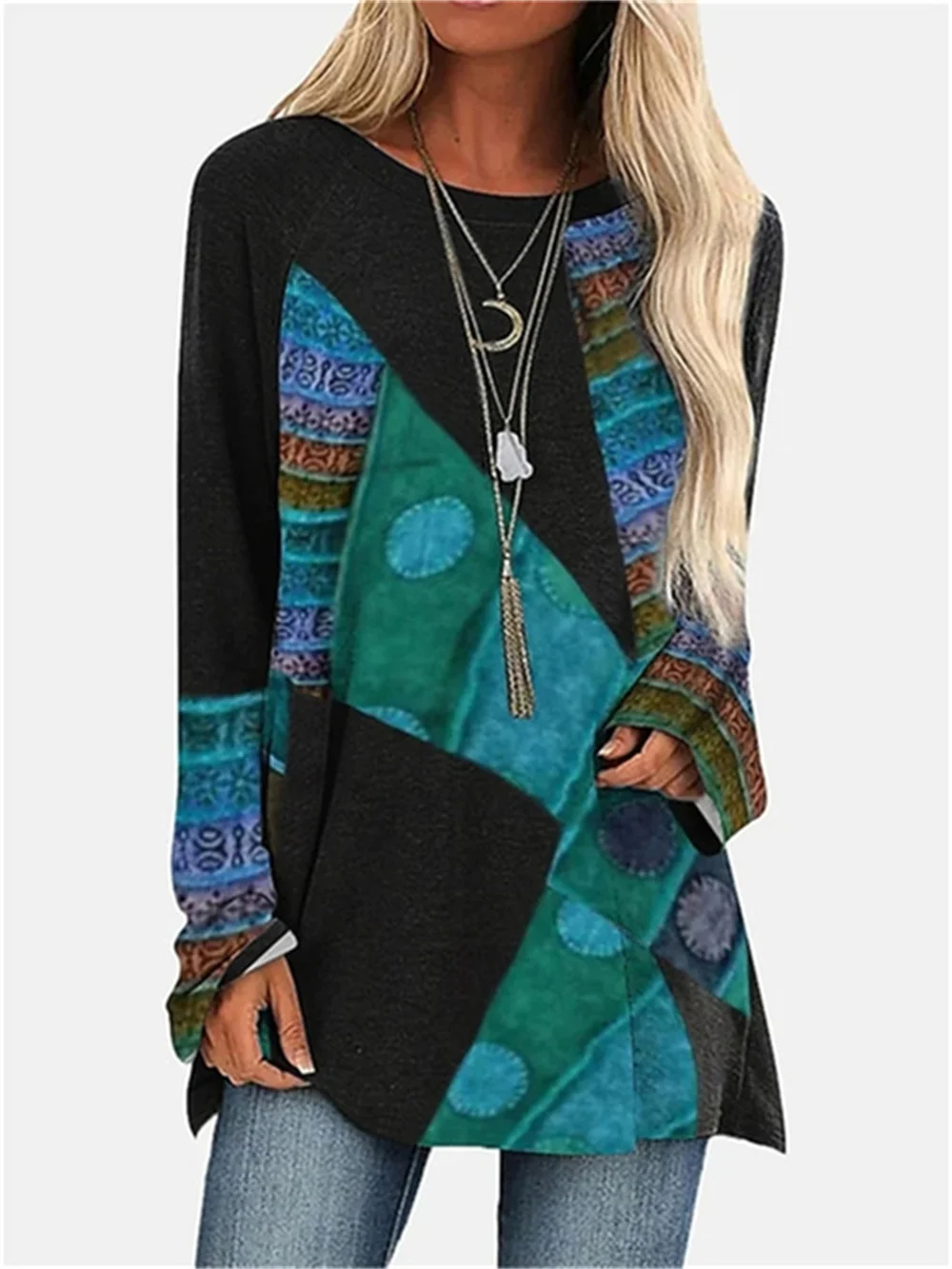 

3D Print Y2K Women's FashionT-shirt Geometric Stripe Elk Sports Street Wear Long Sleeve Round Neck Loose Leisure Weekend Basic