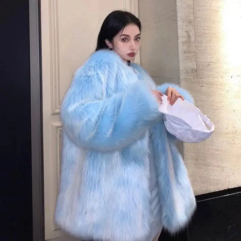 

SM*FK Rend Goddess Plush Blue Faux Fur Coat Winter Cotton Aurora Winter Clothes Women Fashion Coats Fur Coat Women