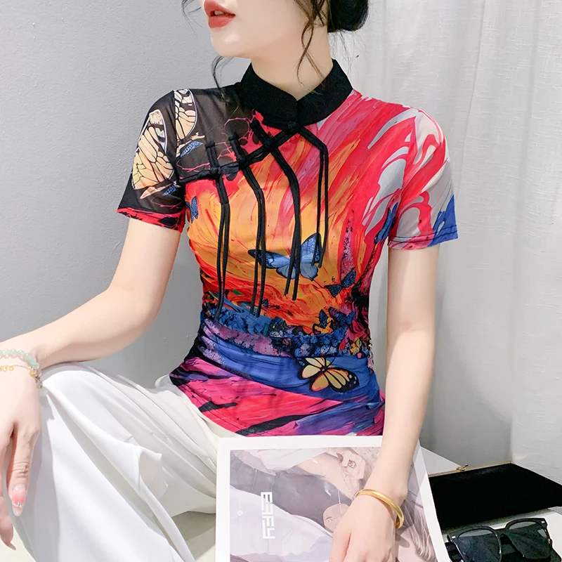 Новинка 2024 женская футболка в китайском стиле летняя с принтом виде природного