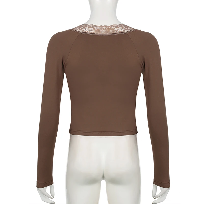 Darlingaga модные облегающие кружевные лоскутные осенние футболки женские на