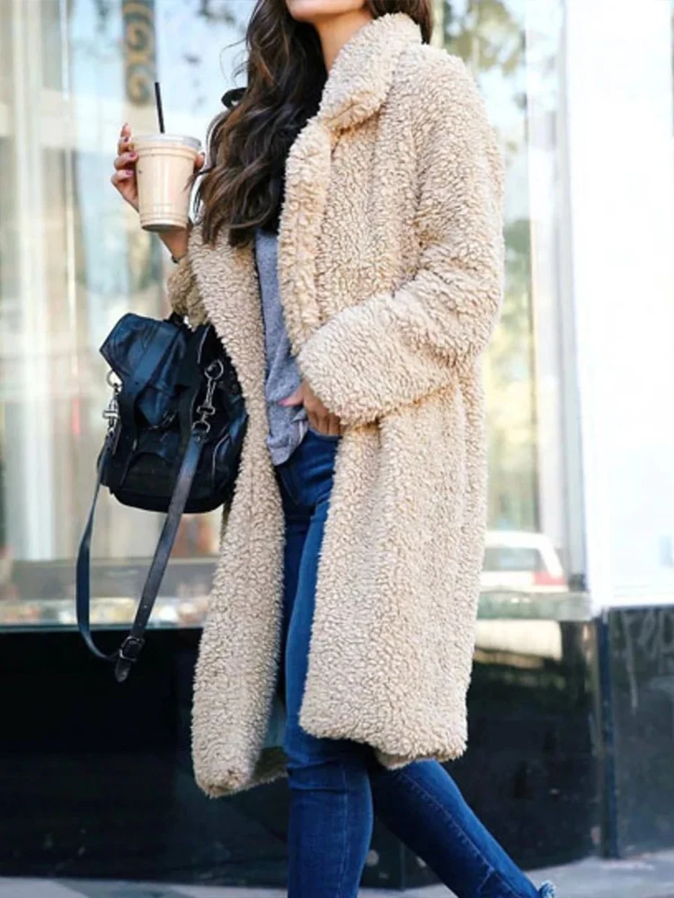 

2022 Autumn Winter Long Coat Women Faux Fur Jackets Warm Soft Cardigan Ladies Casual Outerwear Plush Teddy Abrigos Mujer
