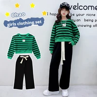 casual school children outfits teenage girls costumes 2022 autumn striped sweatshirt wide leg pants two pieces kids clothing set