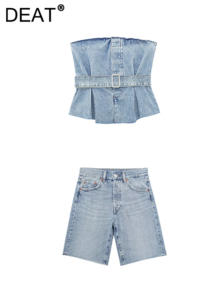 

DEAT Women's Denim Strapless Pleated Belt Waist Short Thank Tops High Waist Straight Shorts 2023 Summer New Fashion 29L2644