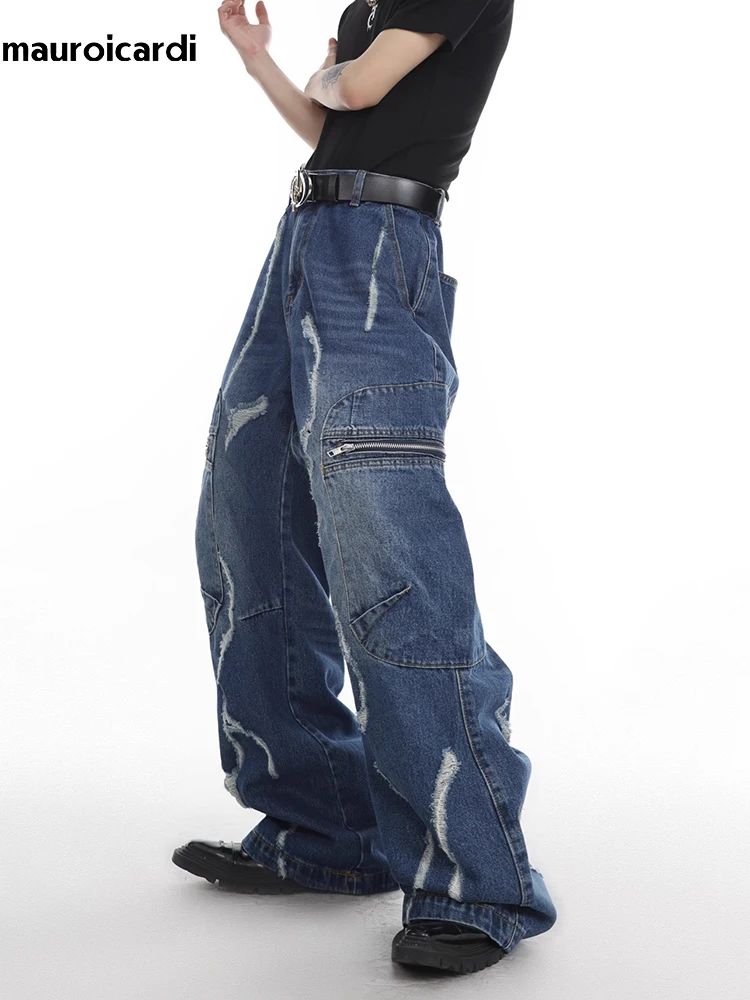 

Mauroicardi Autumn Long Cool Loose Vintage Washed Jeans for Men Pockets Luxury Mens Designer Clothes Streetwear Wide Leg Pants