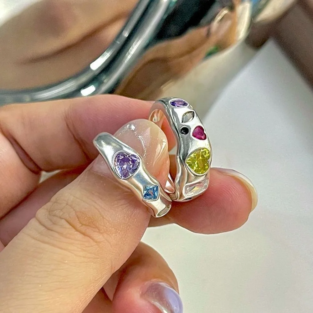 

Colorful Zircon Metal Rings for Women Irregular Matte Ring Retro Chic Index Finger Jewelry Hip Hop Girls Accessories Gift