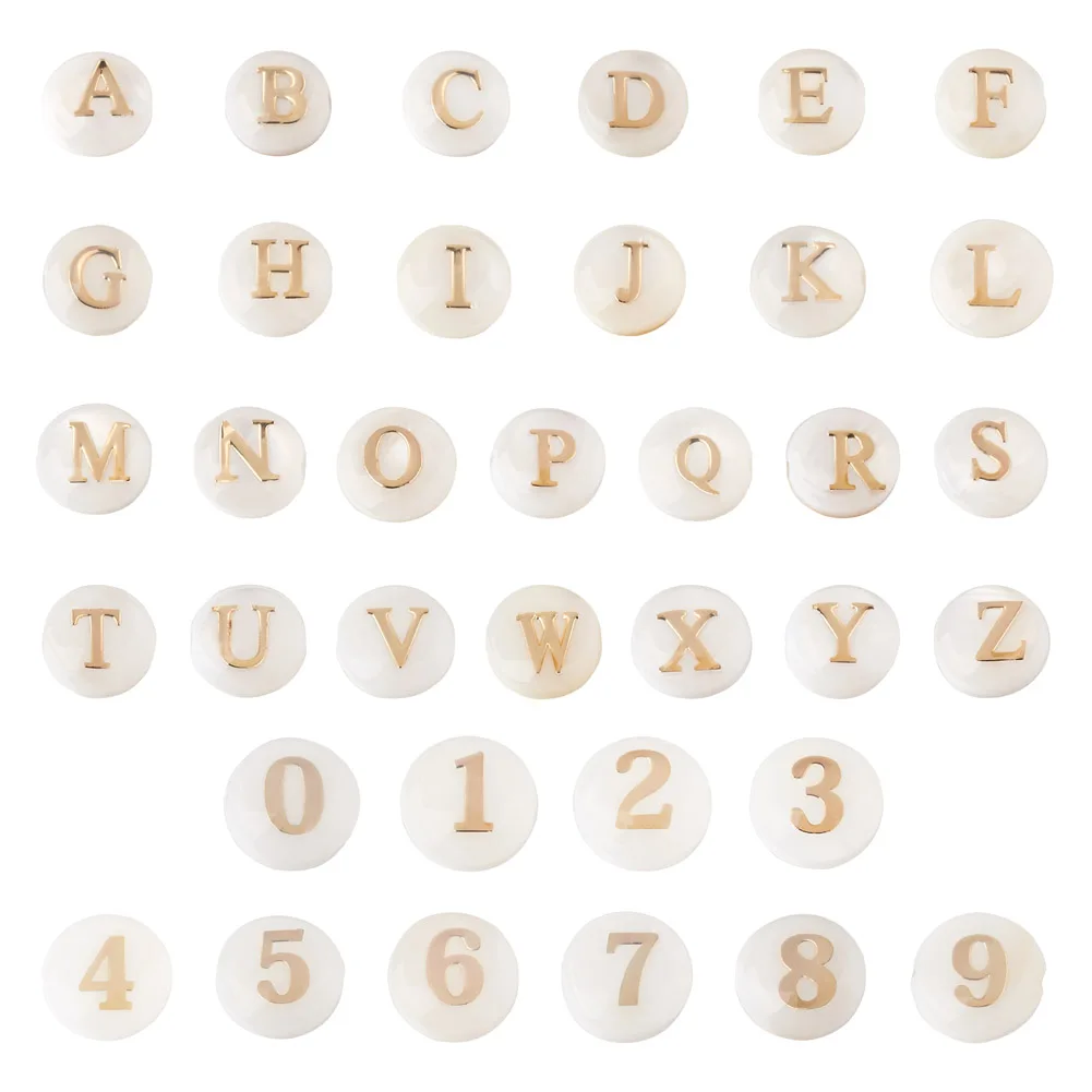 

36pcs Natural Freshwater Shell Beads With Golden Plated Brass Metal Embellishments Flat Round Number & Letter For Jewelry Making