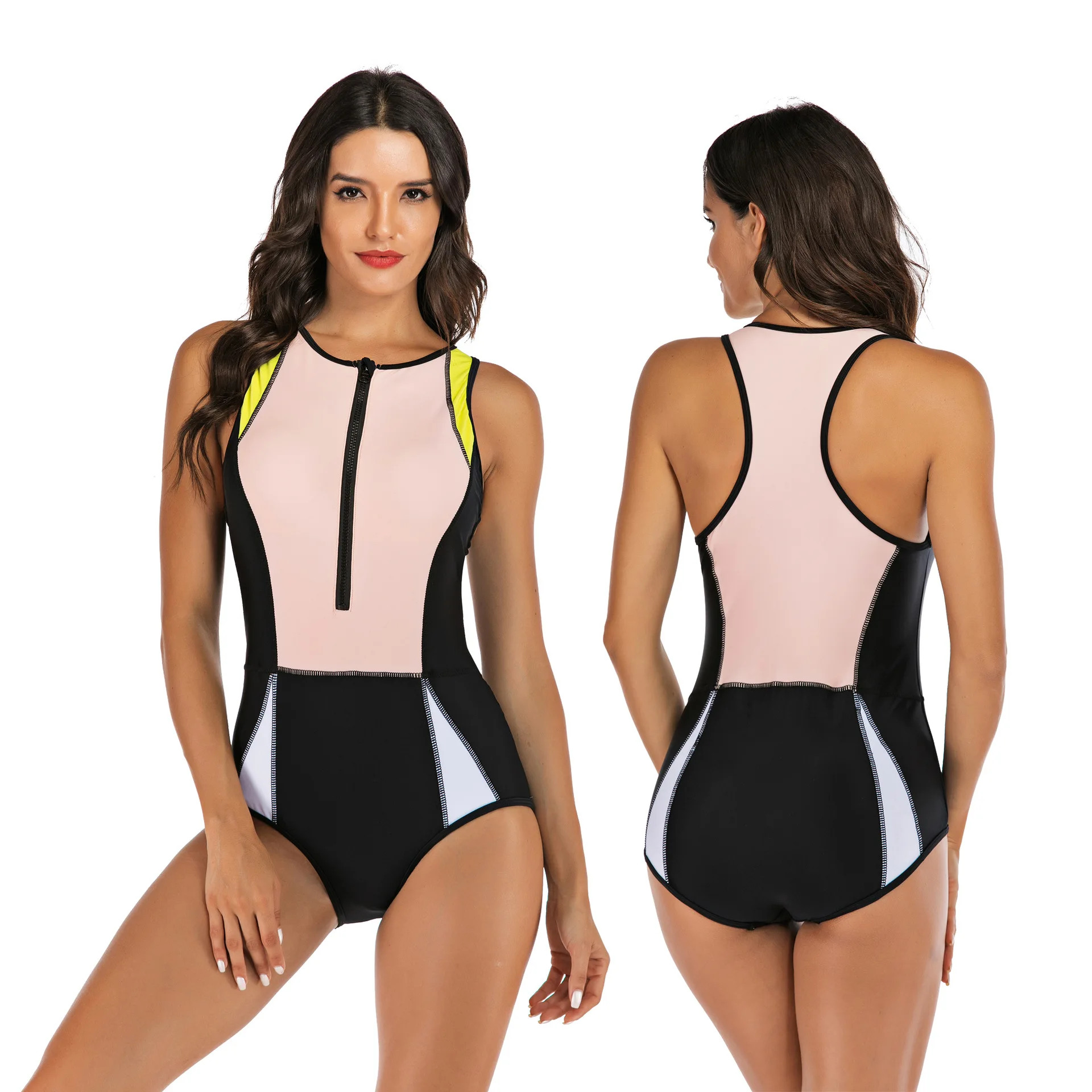 Sleeveless Rash Guard Women Zipper One Piece Swimsuit Plus Size Print Swimwear Push Up Swim Suit High Neck Monokini Black