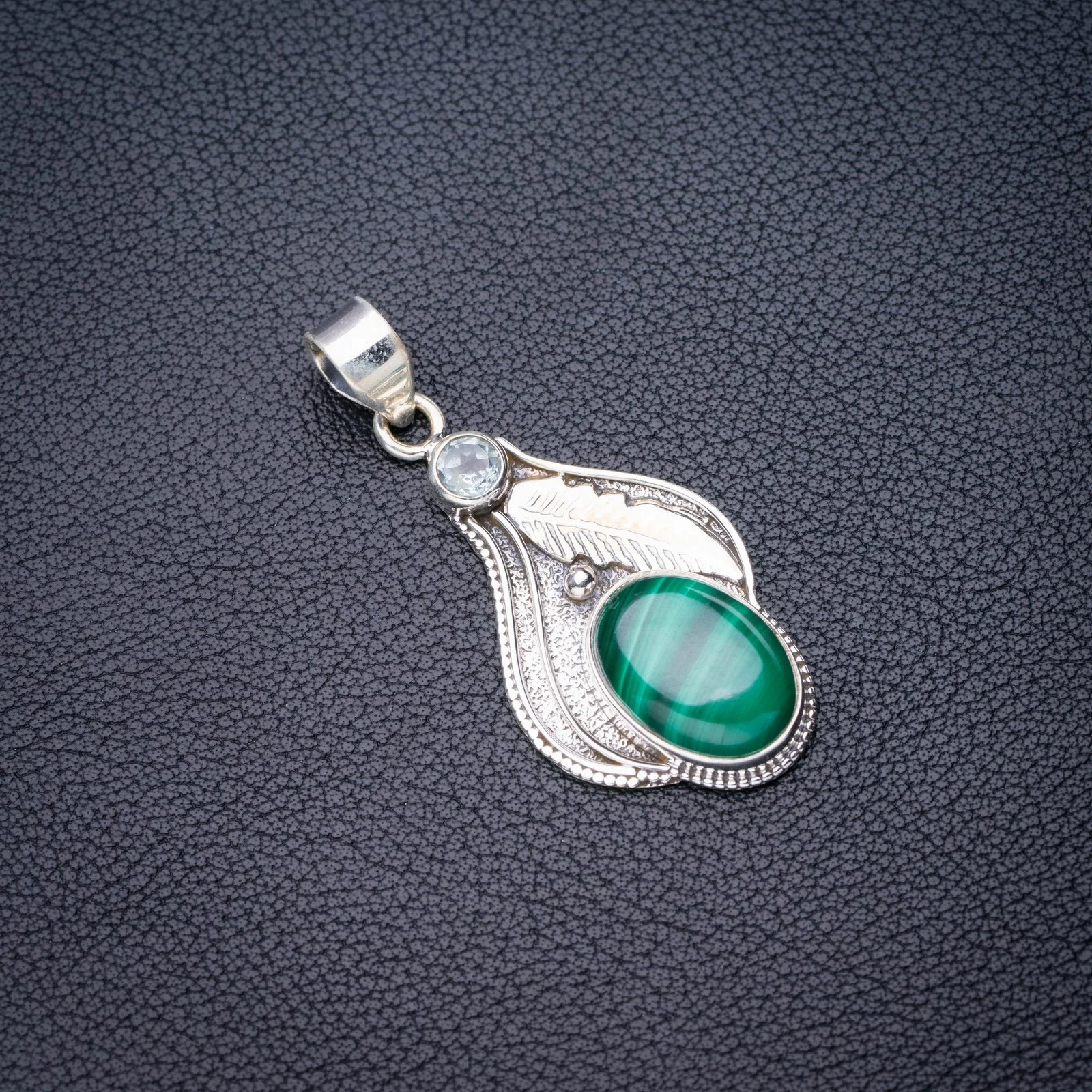 

StarGems Natural Malachite Blue Topaz Feather Handmade 925 Sterling Silver Pendant 2" E4697
