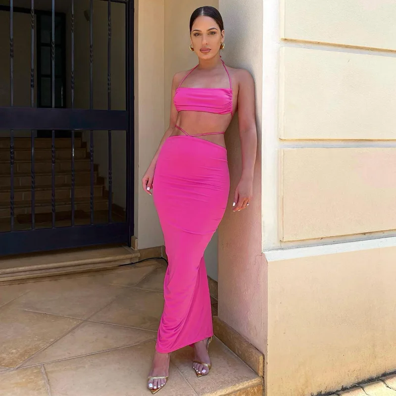 

Women Halter Crop Top Midi Skirt 2 Pieces Set Sexy Ruched Bandage Dress Sets Outfits Y2K Backless Co-Ord Sets 2022 Summer