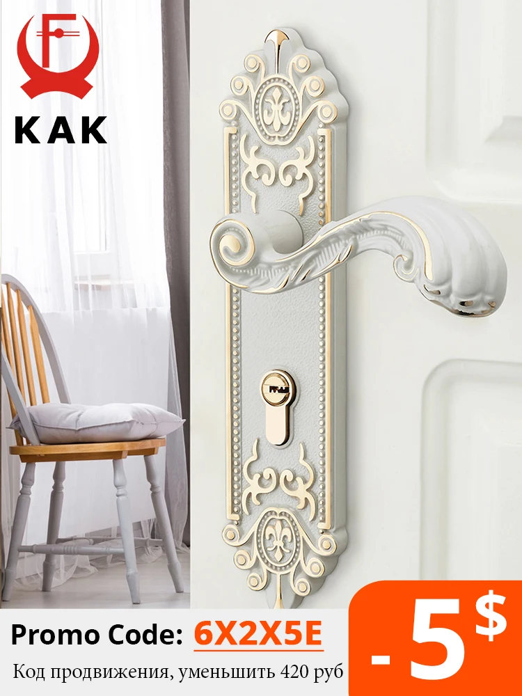 

KAK European Style Gold Door Locks with Keys Door Handle Ivory White Security Entrance Door Lock Mute Anti-theft Door Hardware