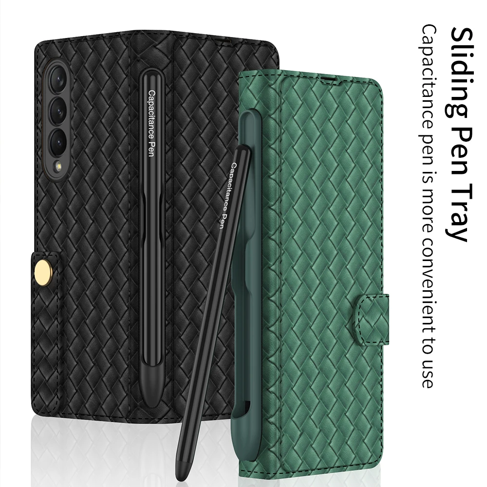 

Fashion Leather Lychee pattern Pen slot case for Samsung Galaxy Z Fold 3 PU+PC Cover Anti-knock luxury Cases for Fold3 F9260