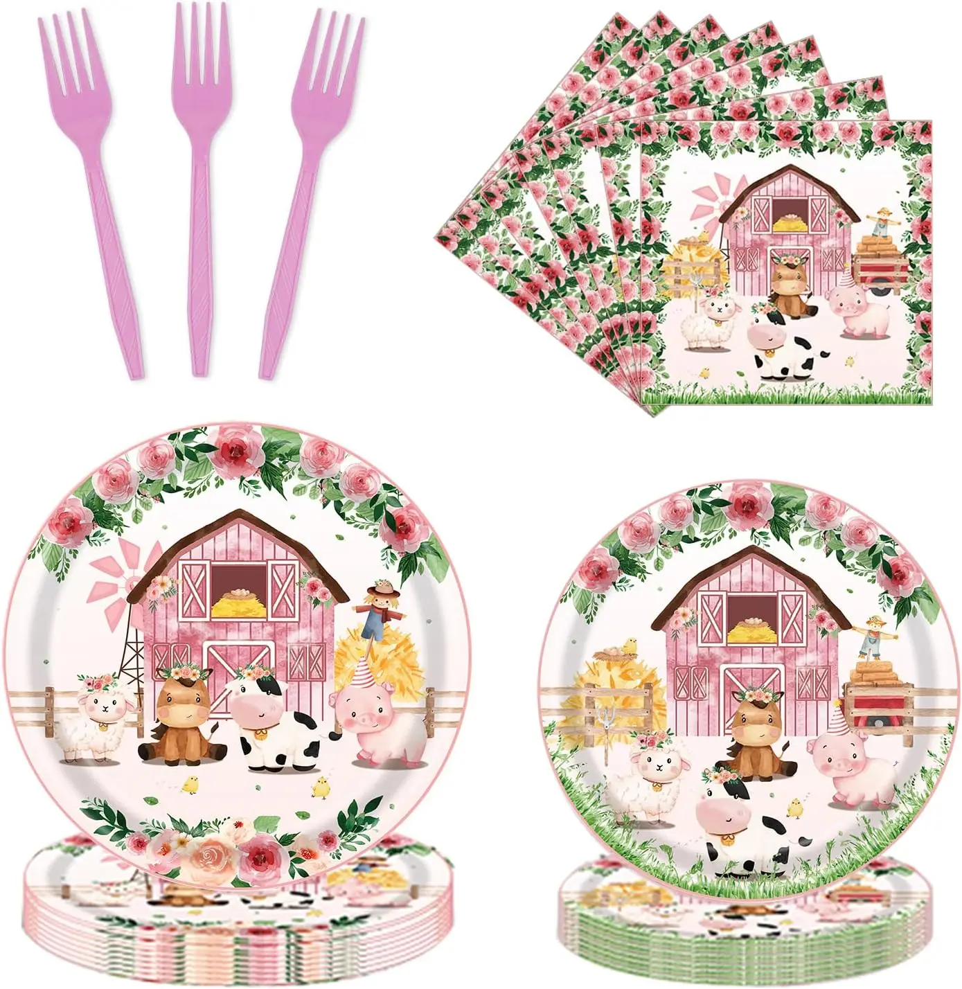 96Pcs Farm Birthday Party Supplies Disposable Tableware Set Serves 24 Pink Cow Dinnerware Plates Napkins Baby Shower Decorations