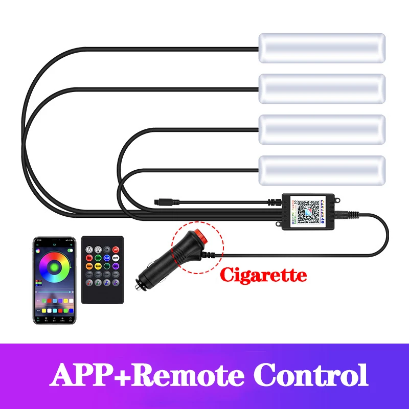 

Светодиодный RGB автомобильный светильник для ног с беспроводным USB-пультом дистанционного управления, голосовым управлением через приложение, прикуриватель, автомобильные светильники для ног