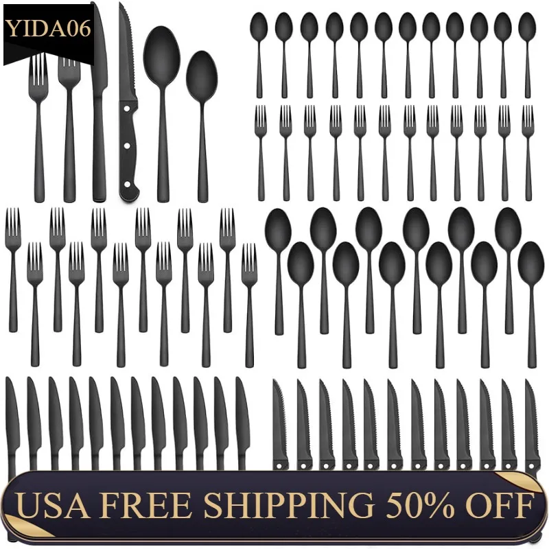 

48-Piece Black Silverware Set with Steak Knives, Black Flatware Set for 8, Food-Grade Stainless Steel Tableware Cutlery Set,