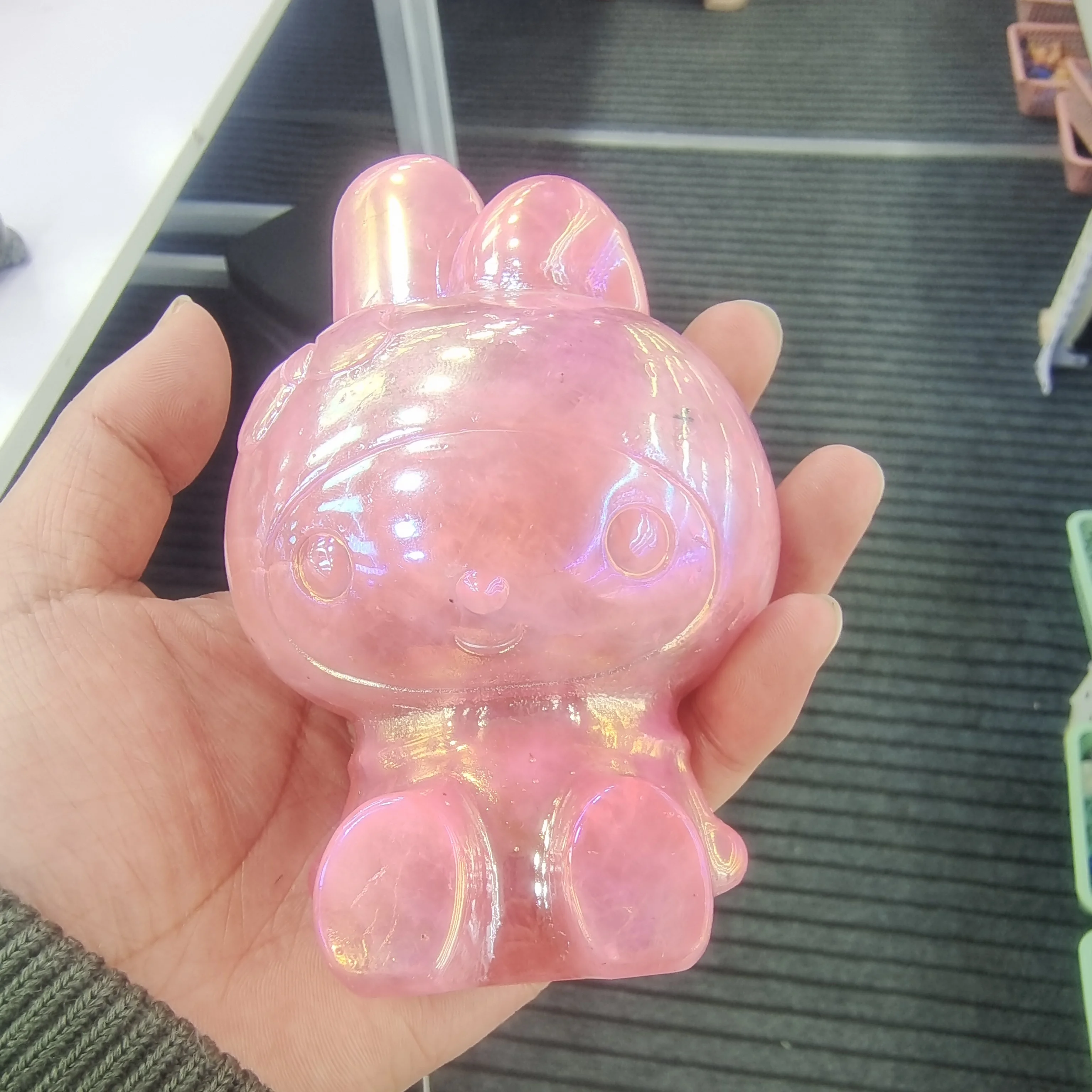 

12-13cm Natural Crystal Labradorite and Plating pink Kt Cat Carving Healing Figurines Reiki Stones Ornament Home Decoration