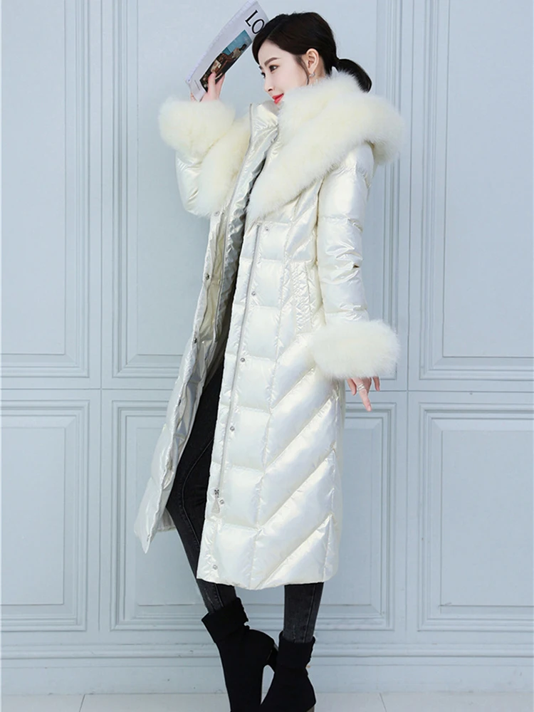 New Women Winter Real Fur Down Coat Elegant Fashion Double Fox Fur Collar Thicken Warm Long Wash Free Glossy Surface Down Jacket