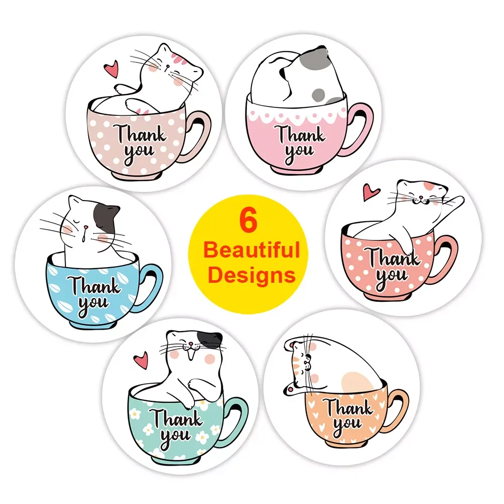 

Kawaii Cat Thank You Stickers Round Cartoon Animal Adhesive seal Labels for Greeting Cards Gift Decoration Stationery