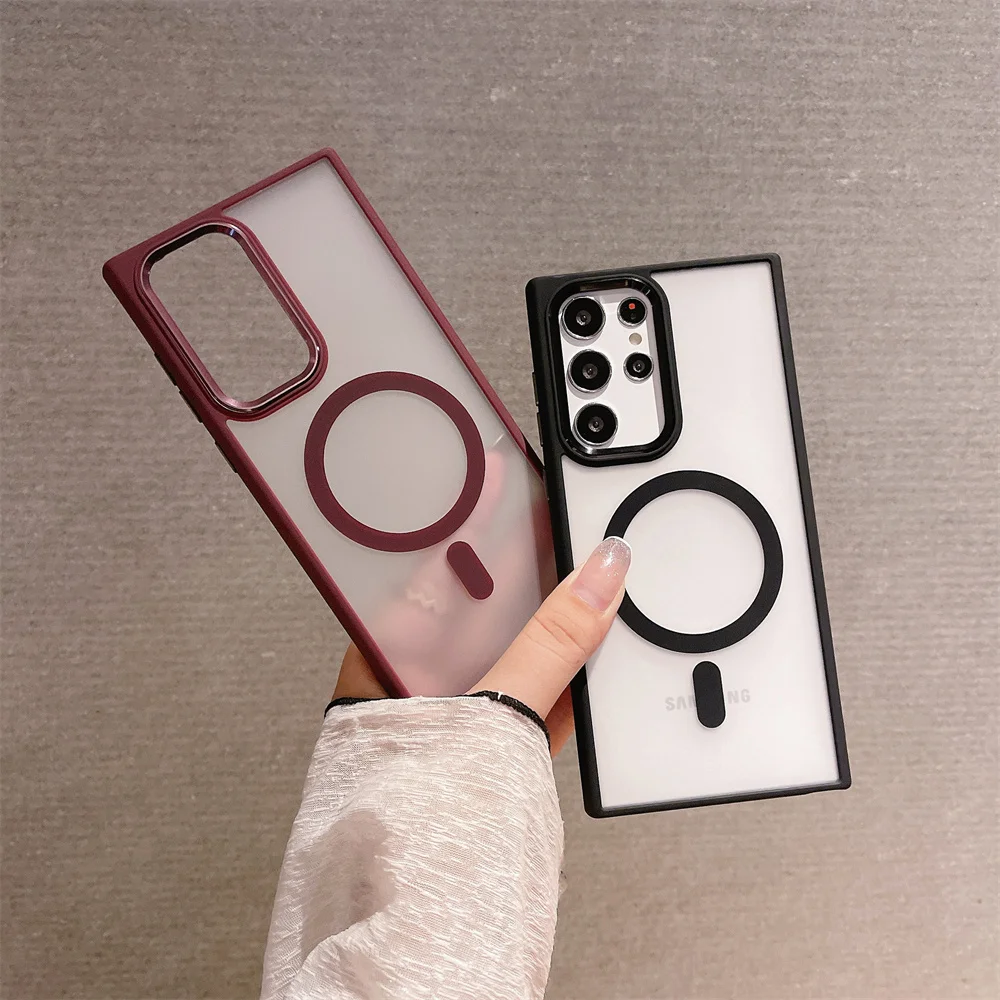 

Роскошный металлический чехол Magsafing для Samsung Galaxy S22, ультраматовый акриловый чехол из ТПУ с магнитным беспроводным зарядным устройством для ...