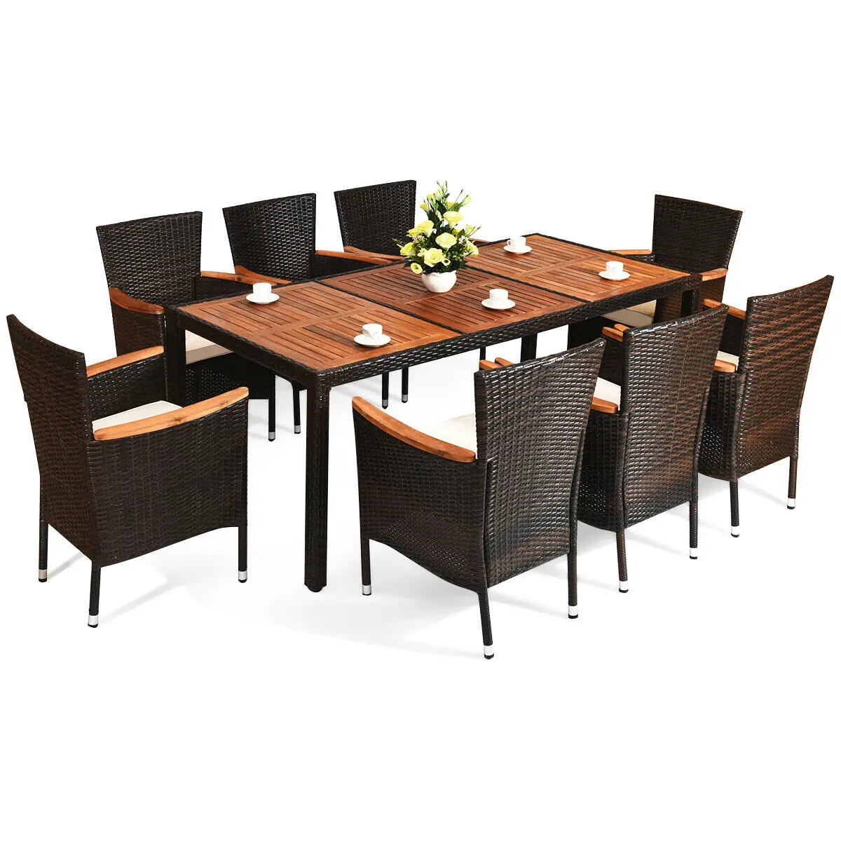 

Patiojoy 9PCS Patio Rattan Dining Set 8 Stackable Chairs Cushioned Acacia Wood Table Top