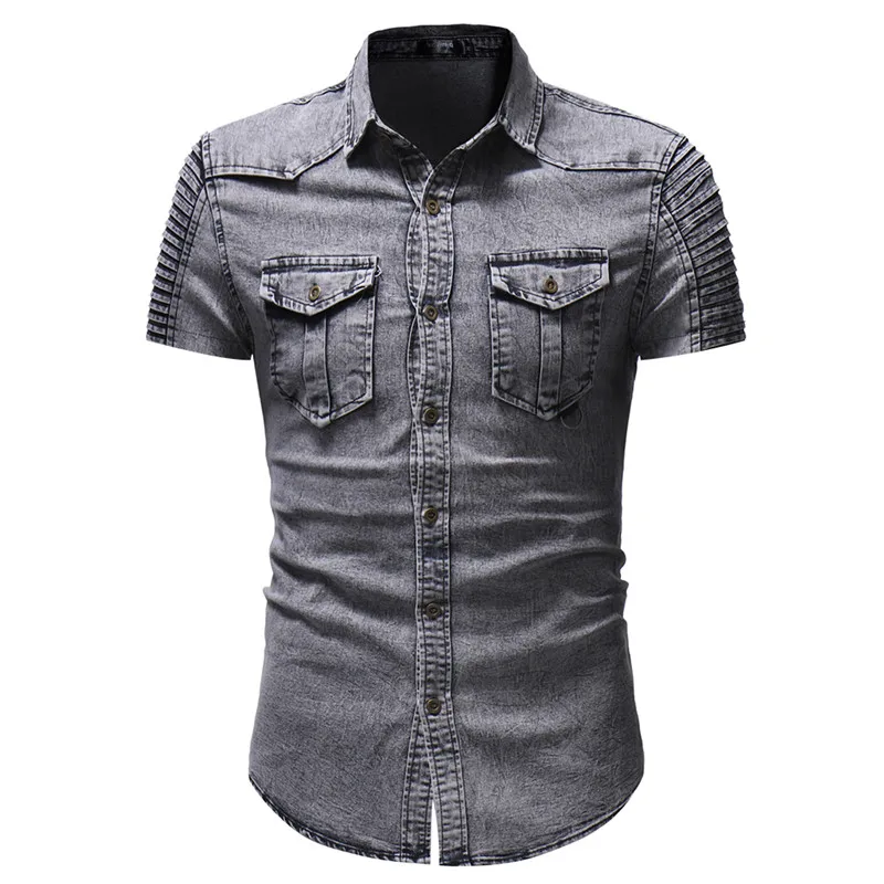 Retro Style Men Denim Shirts Western Casual Long Sleeve Shirts Blouse Snap Button Down Shirt with Dual Chest Pockets