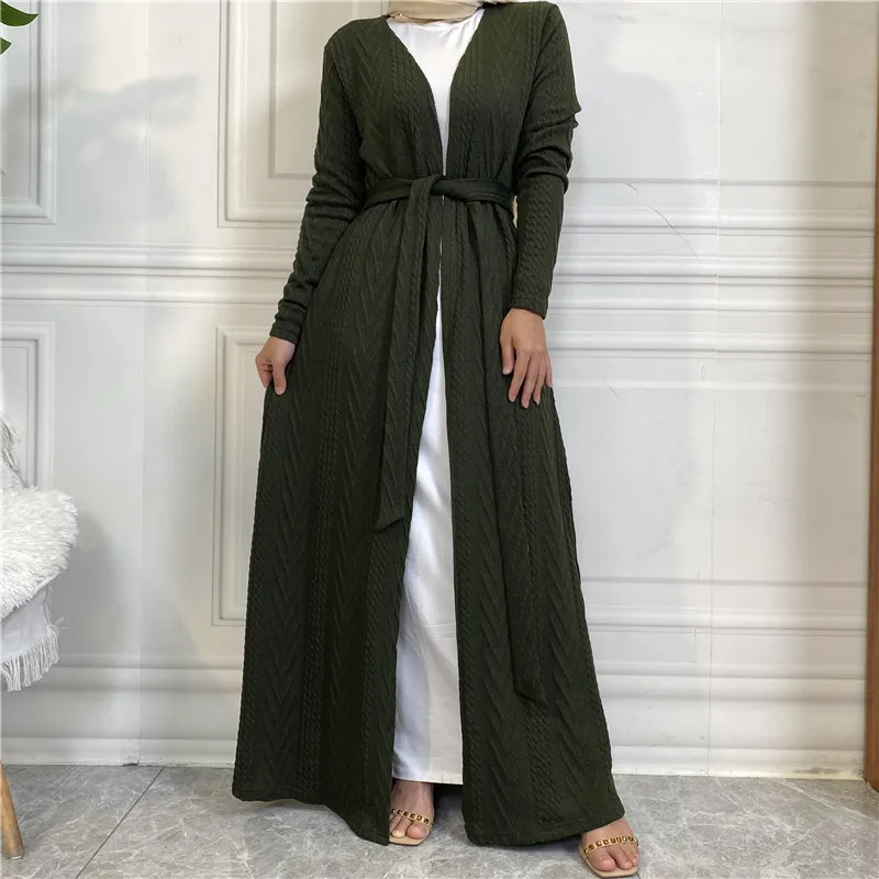 Autumn and Winter Knitting Muslim Cardigan with Pocket Long Coat Fashion Abaya Muslim Coat Jalabiya for Women Turkish Tunic