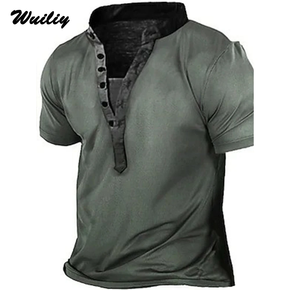 Мужская Однотонная футболка Henley новинка футболки с 3D-принтом модная уличный топ