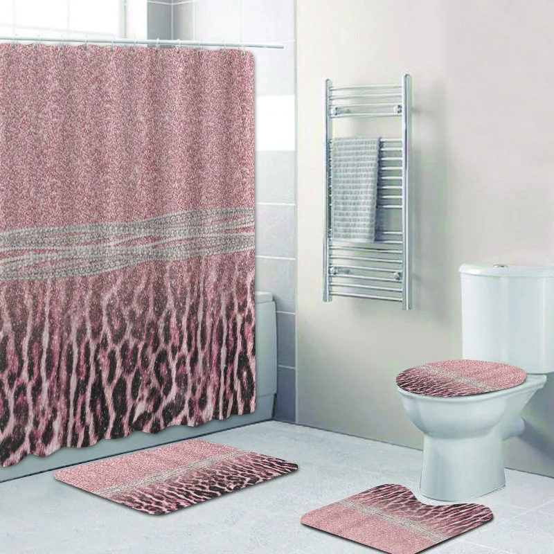 

Trendy Girly Glitter Pink Leopard Print Shower Curtain Set for Bathroom Cheetah Leopard Bath Curtains Mats Rugs for Toilet Decor