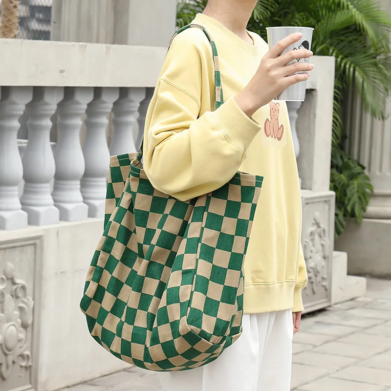

High Quality Plaid Canvas Bag Large Capacity Shopping Bags Lady Travel Shoulder Bags Leisure Totes