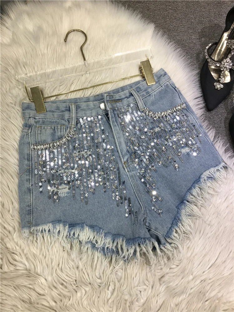 Heavy Embroidery Sequins Shorts Women's 2023 Summer New Handmade Beaded Tassel Frayed Washed Jeans Hot Girl Tight Pants Female