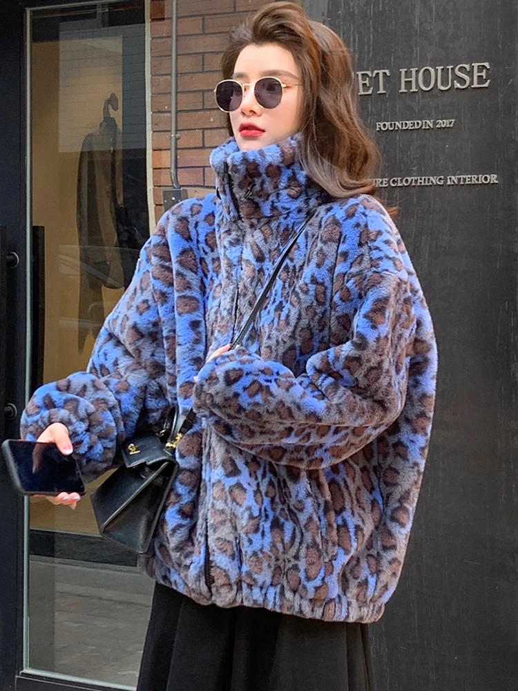 Winter Fluffy Jacket Women Korean Fashion Blue Leopard Faux Fur Coat Long Sleeve Zipper Warm Soft Jacket Faux Fur Coat Coats