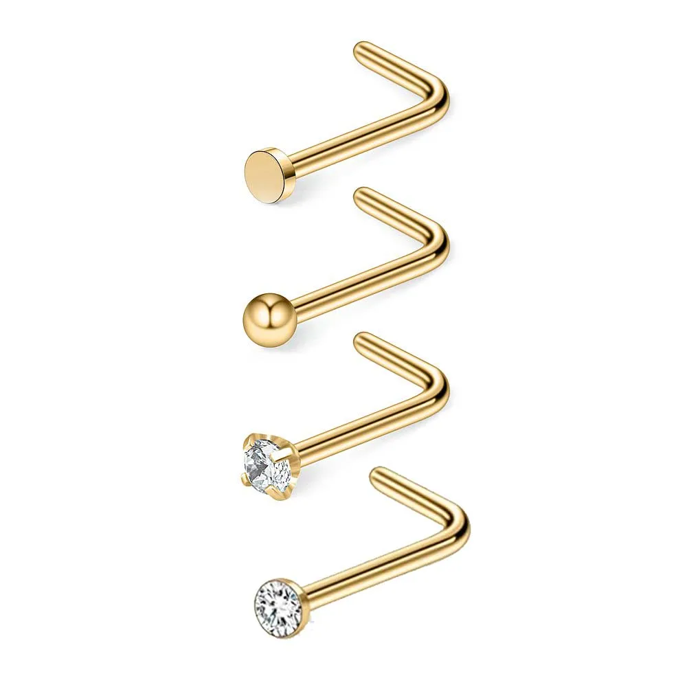 16PCS 20G Surgical Steel 1.5mm-3mm Flat Ball Clear Diamond CZ Opal Heart Nose Stud Rings L Shaped Piercing Jewelry Gold - купить по