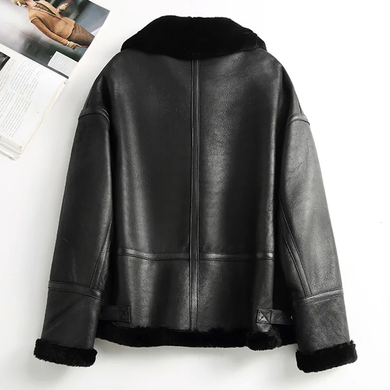 Women's Fashion Leather Jackets Winter Thick Warm Lamb Fur Lining Sheepskin Coat Motorcycle Full Sleeve MH3889L