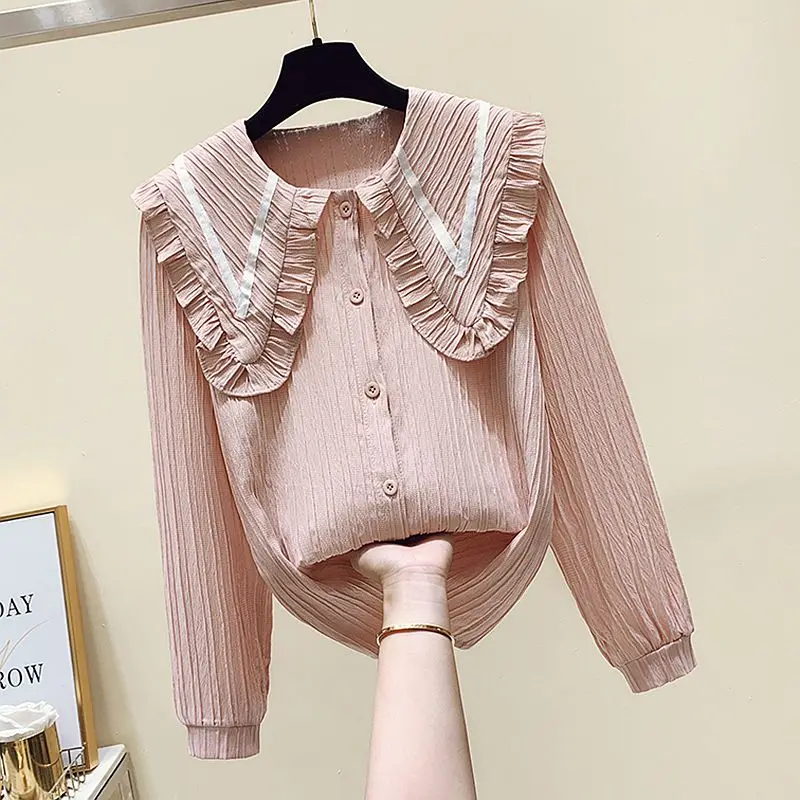 

2022 Spring Peter Pan Collar Solid V-neck Puff Sleeve Shirt Women's Full Casual Chiffon Top