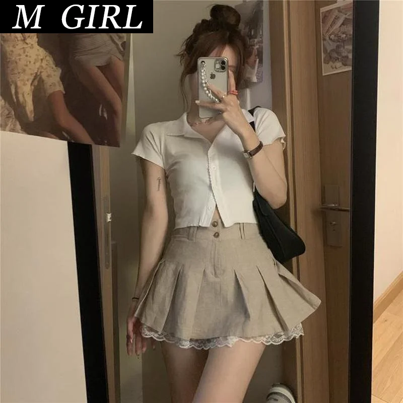 

M GIRLS 2 Pieces Sets Women Summer New Fashion Elegant All-match Slim Crop Tops Female Pleated Lace Patchwork Skirts Leisure Ulz