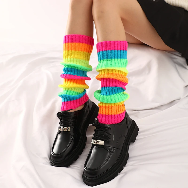 

Женские неоновые цветные вязаные гетры на Хэллоуин в стиле 80-х, яркие носки в рубчик без ног в стиле панк, черные до колена, готические носки в стиле хип-хоп, рок