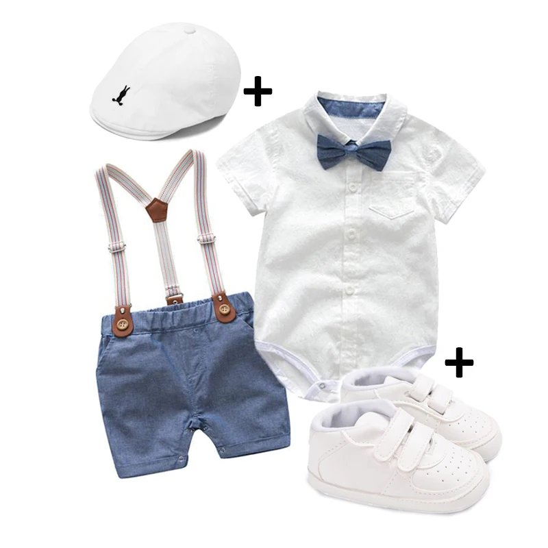 1 Year Baby Boy Clothes Set Button Romper Suit with Suspender Pants  White Shoes Gentleman Infant Newborn Photography