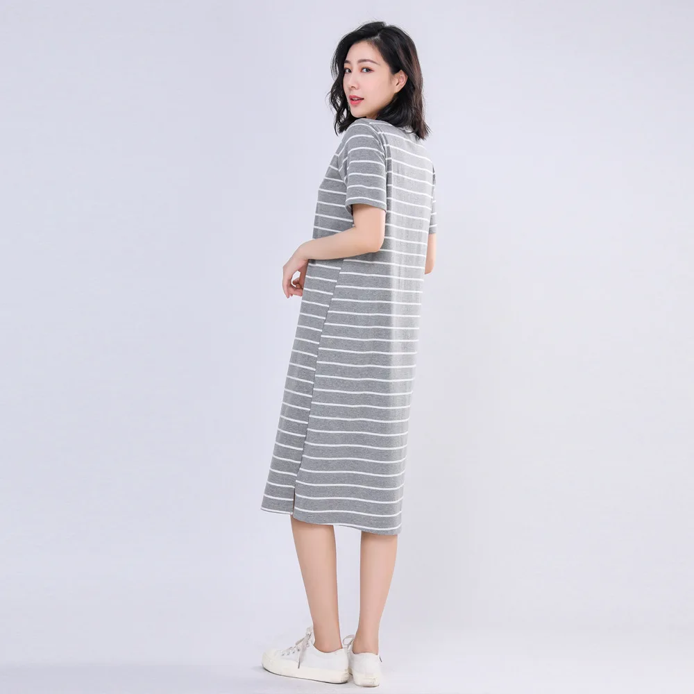Spring and Summer Home Clothes Striped Dress Women Plus Size Short-sleeved Cotton Nightwear Sleep Tops Sexy Sleepwear Night Gown
