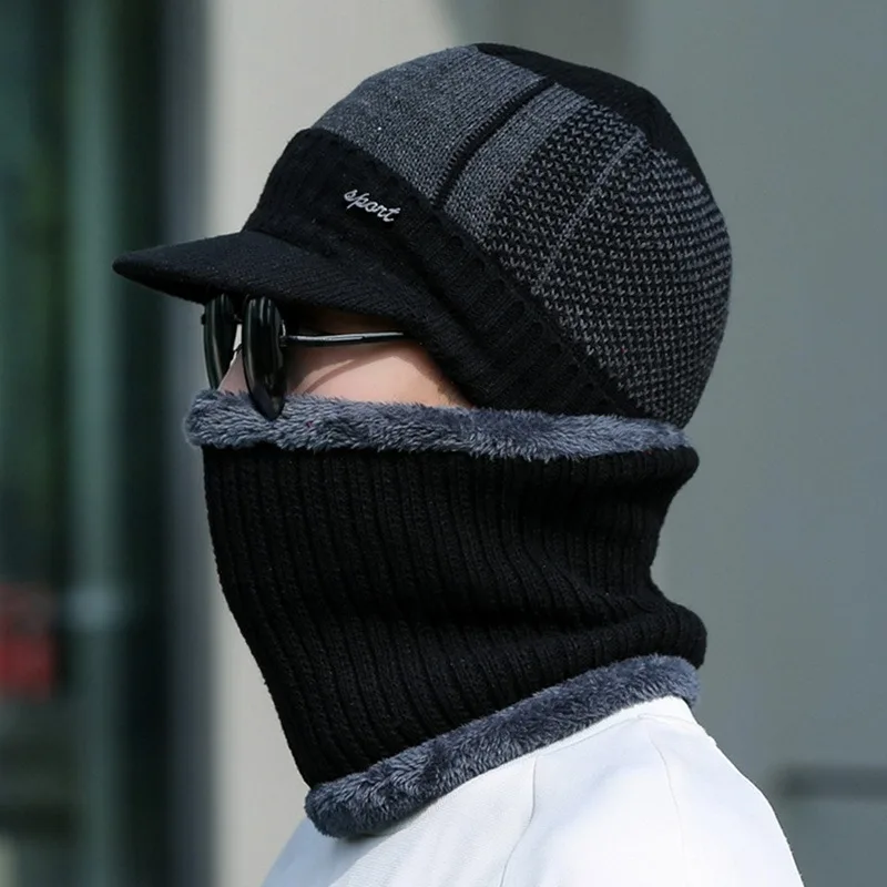 

2022 Winter Beanie Hat For Men Knitted Hat Winter Cap Beanie Women Thick Wool Neck Scarf Cap Mask Bonnet Hats Set