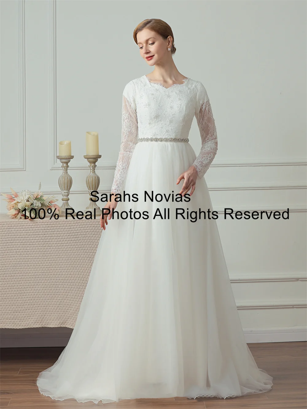 Скромные свадебные платья из кружева и тюля с длинными рукавами бисером