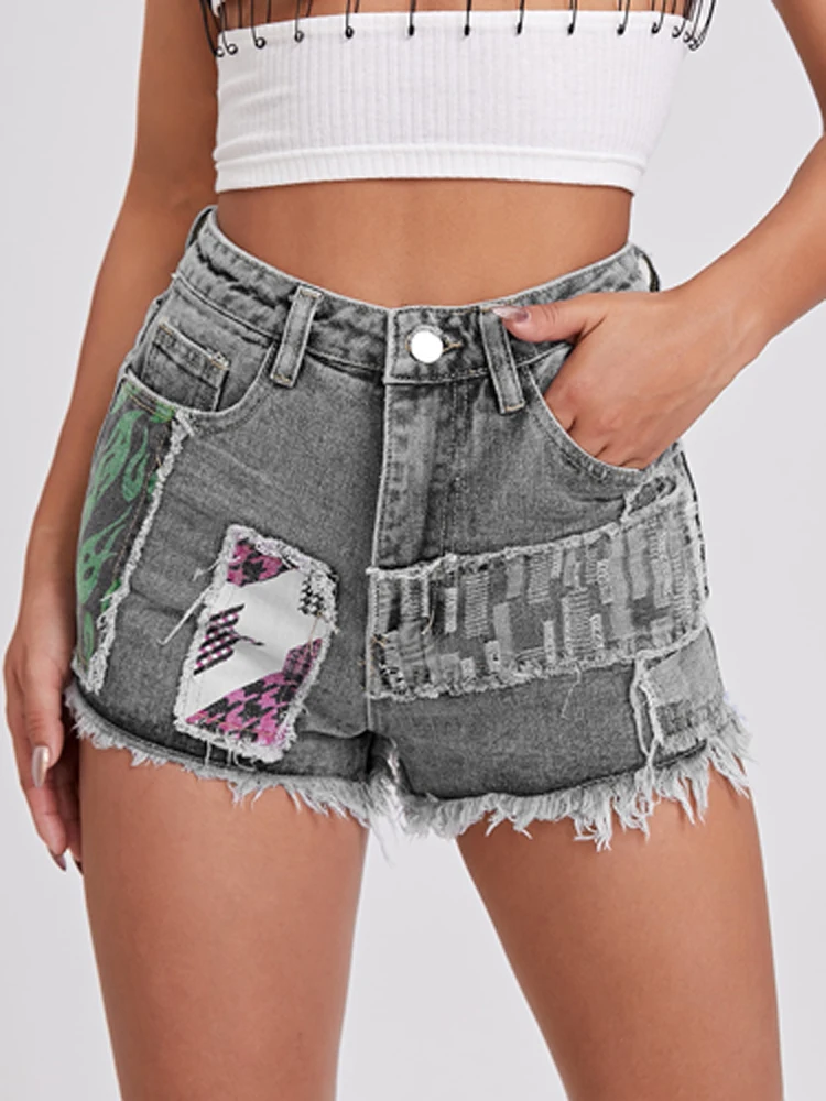 

Summer Spring Fashion Tassel Denim Short Women Casual High Waist Button Beach Shorts Retro Pattern Printed Contrast Shorts Pants