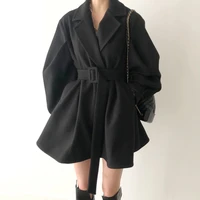2021 fall winter womens fashion jacket suit new belt lantern sleeve tie lapel warm wool cotton coat solid color coats for women