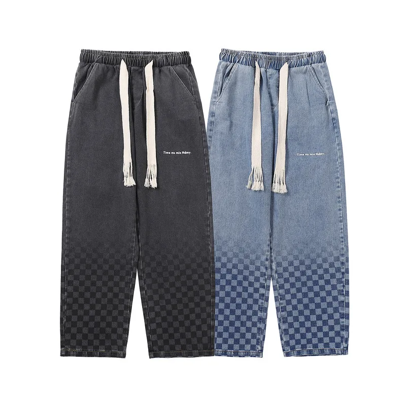 Four Seasons Jeans Men High Street Wash Gradient Plaid Print Wide Leg Pants Street Casual Straight Jeans Streetwear ins Hot Sale